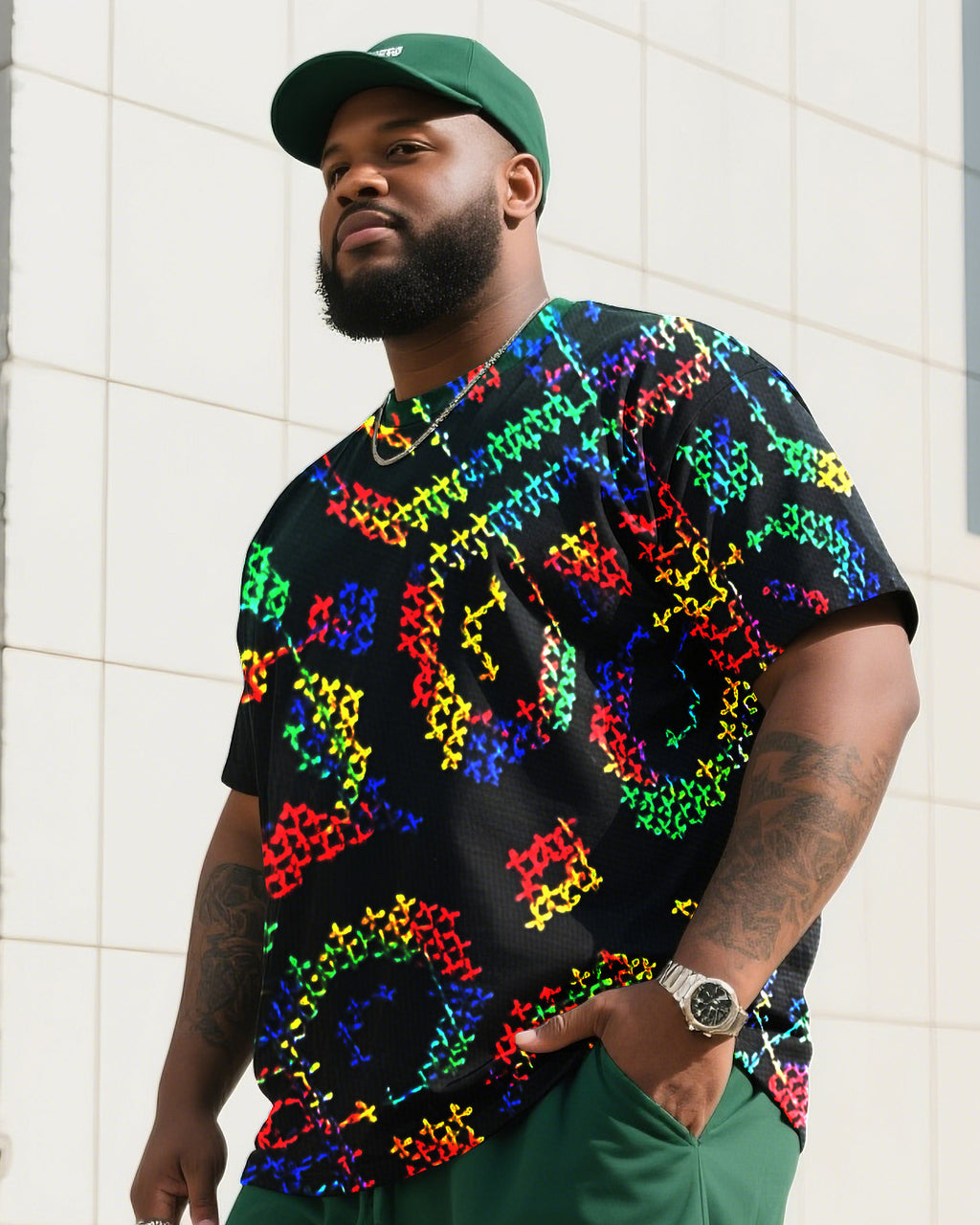 Big & Tall Green Graphic T-Shirt Shorts Set for big men view 3
