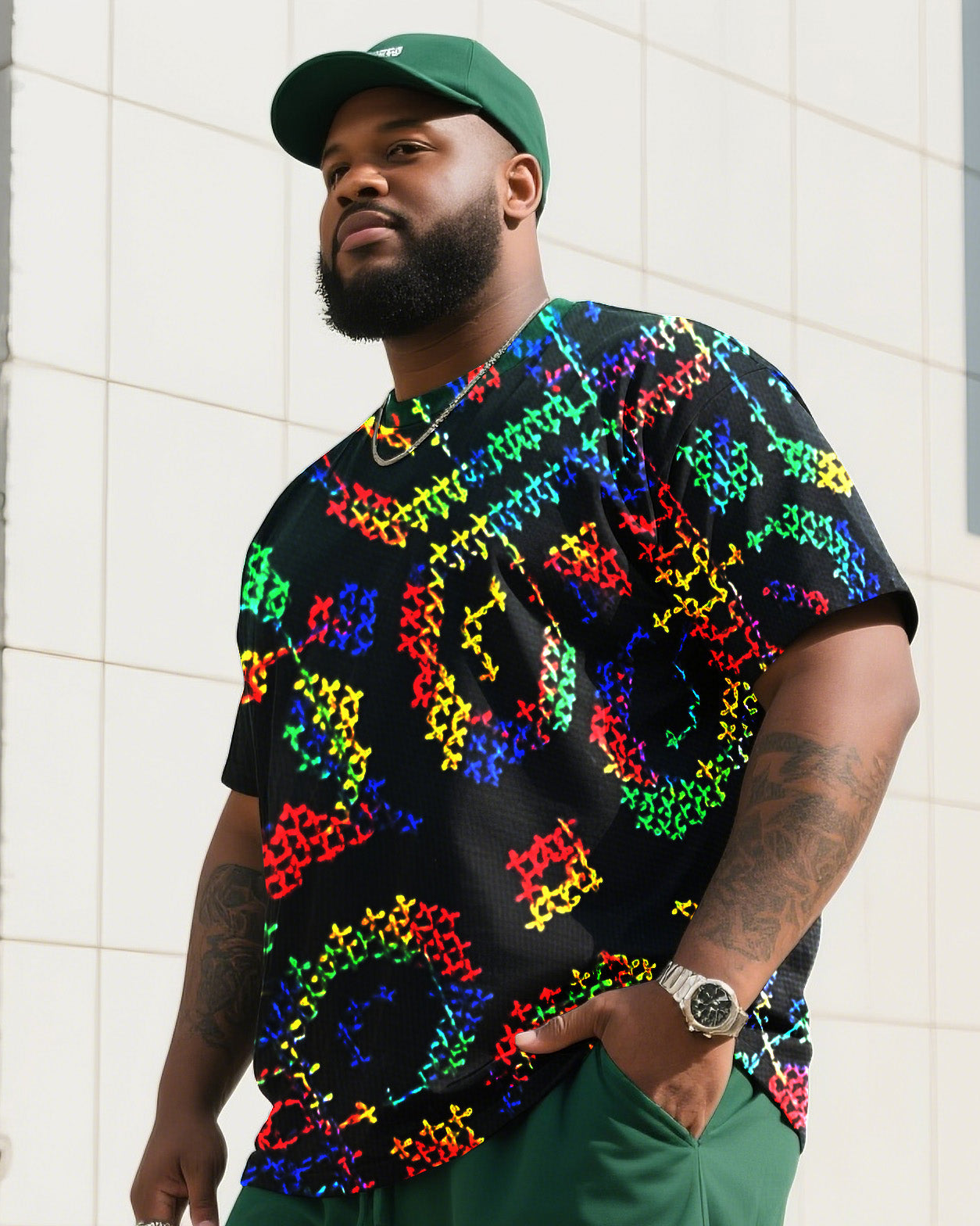 Big & Tall Green Graphic T-Shirt Shorts Set for big men view 3