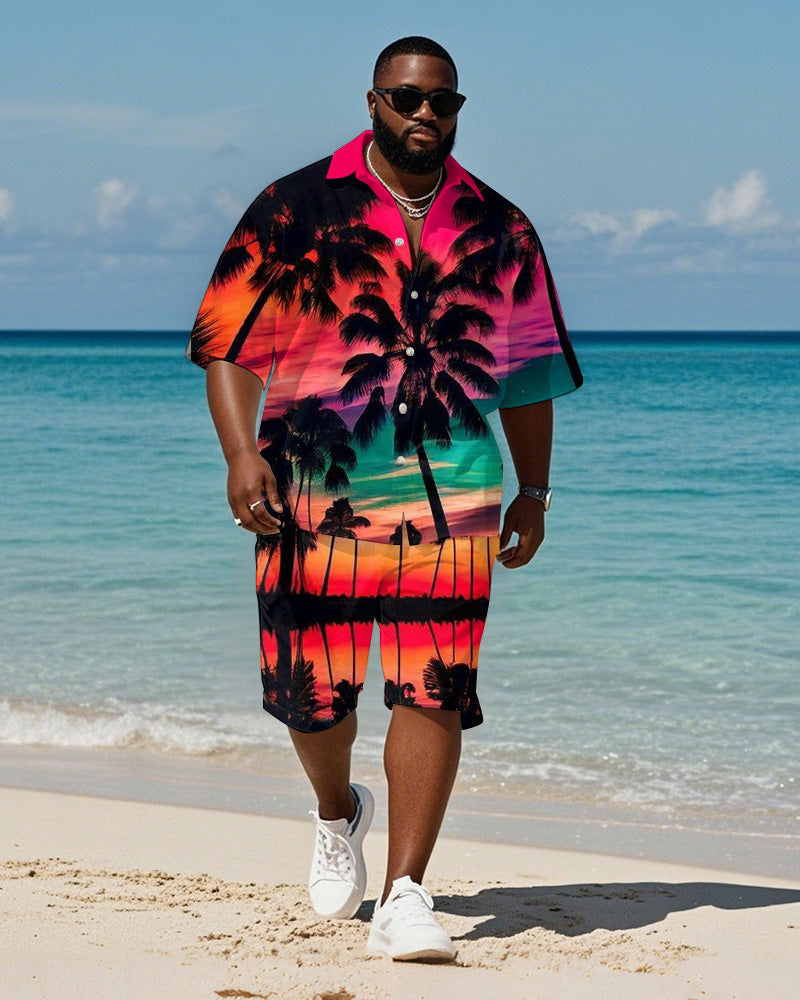 Big & Tall Red Hawaiian Gradient T-Shirt Shorts Set for big men view 1