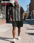 Big & Tall Black Striped Graphic Polo Shorts Set for big men view 2