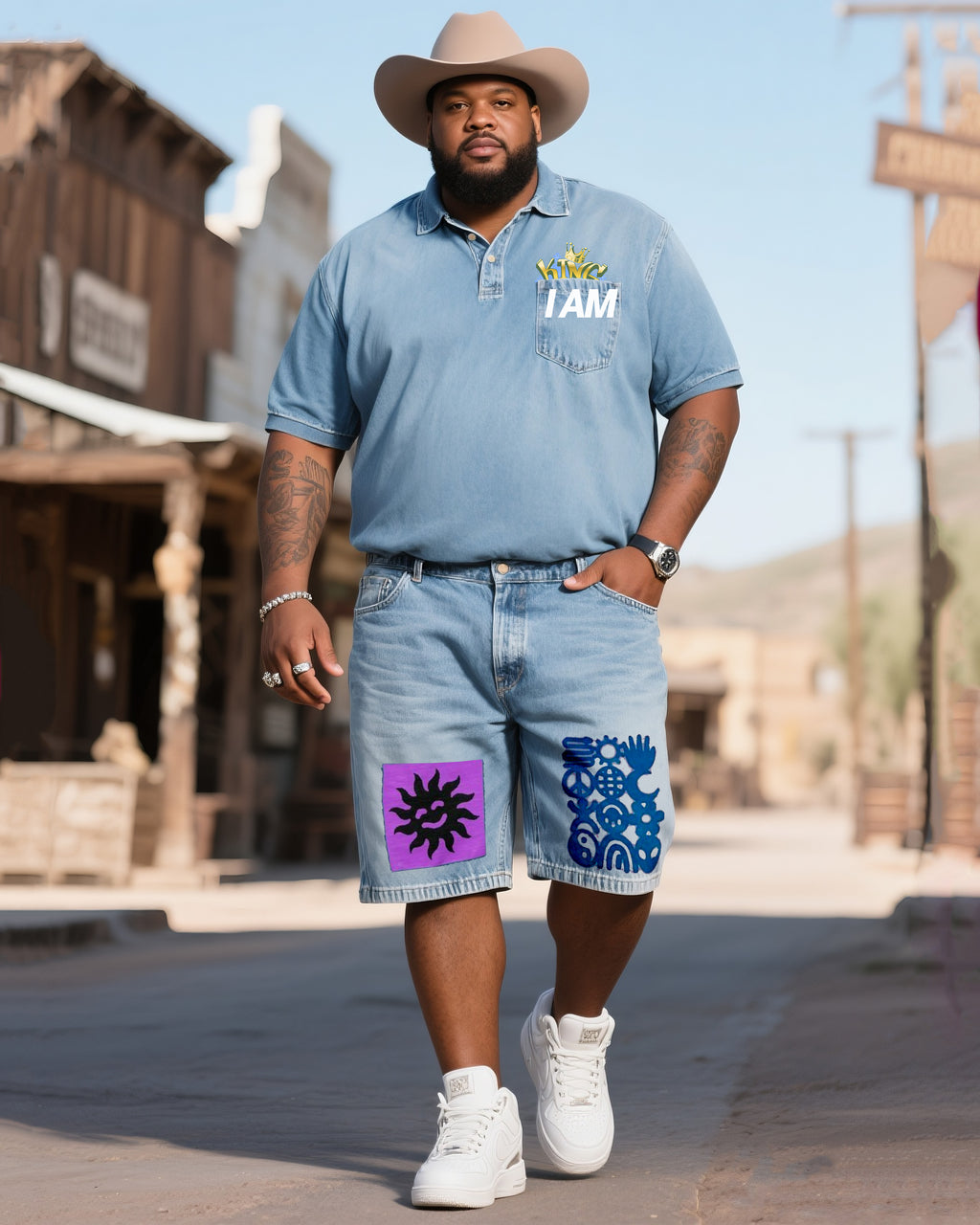 Big & Tall Denim Graphic Streetwear Polo Shorts Set for big men view 1
