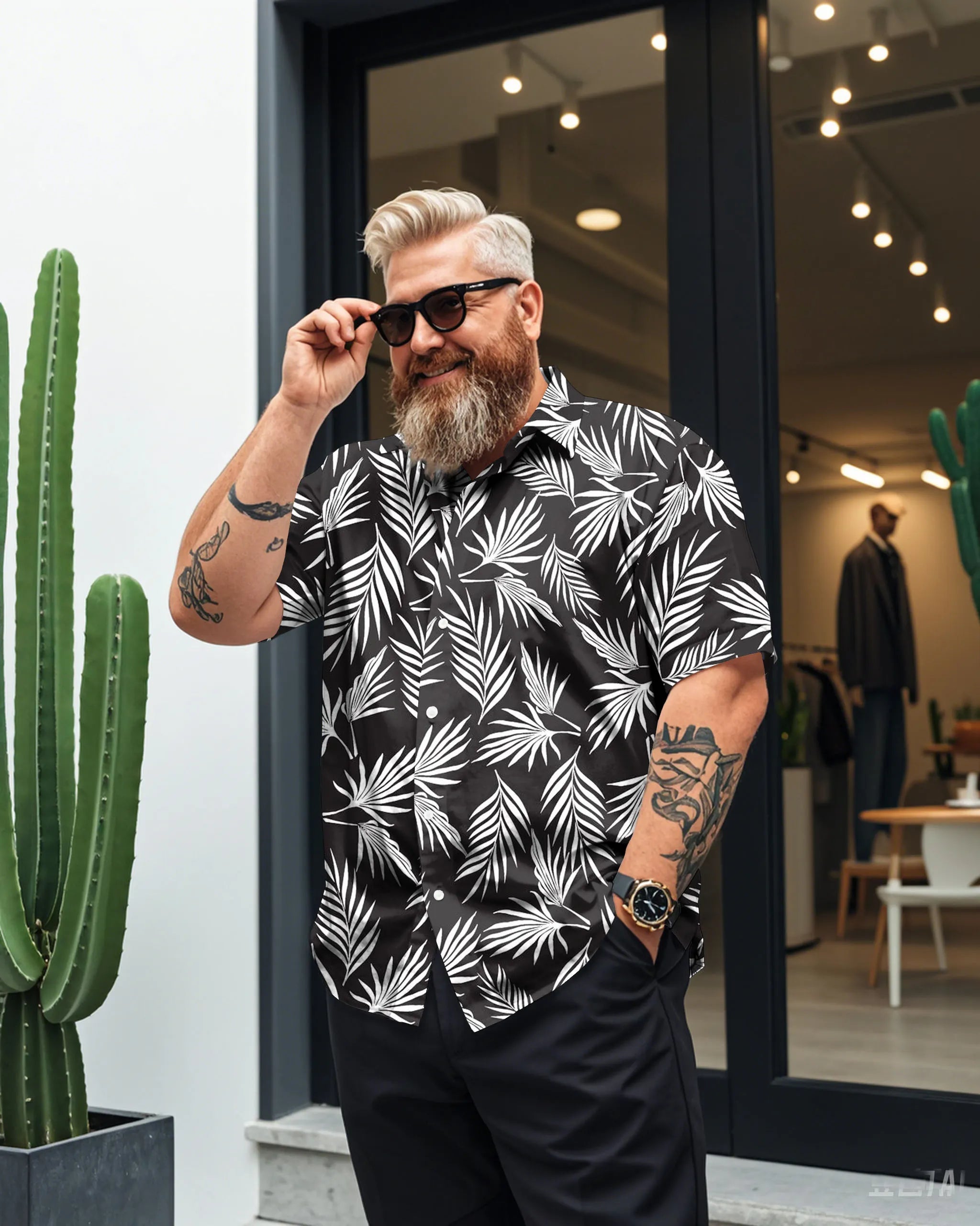 Big & Tall Black Hawaiian Short Sleeve Shirt for big men view 2