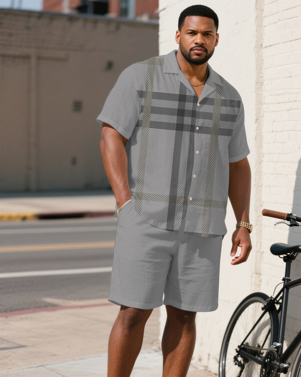 Big & Tall Gray Plaid T-Shirt Shorts Set for big men view 4