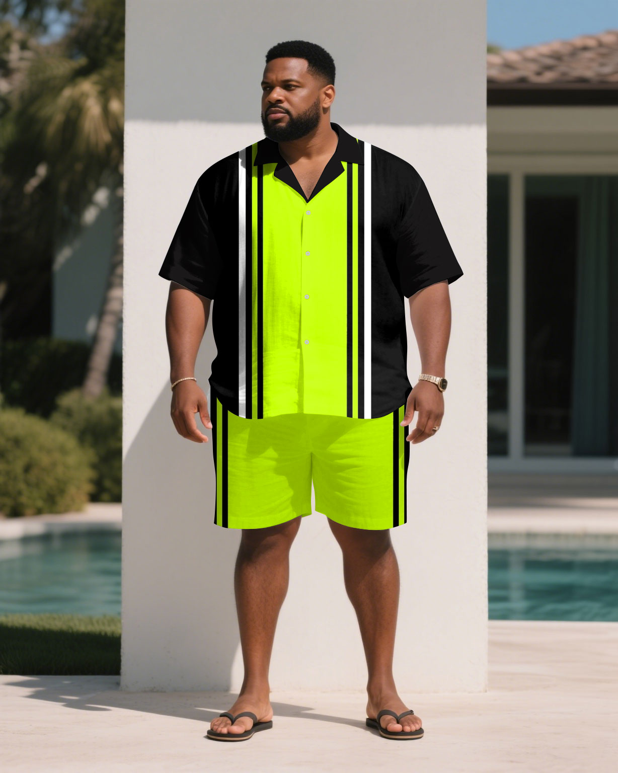 Big & Tall Black Green Colorblock T-Shirt Shorts Set for big men view 1