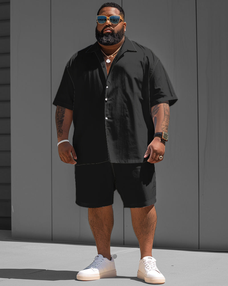 Big & Tall Black Solid Color Shirt Shorts Set for big men view 1