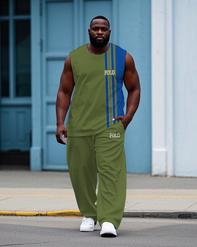 Big & Tall Blue Green Colorblock Vest Pants Set for big men view 1