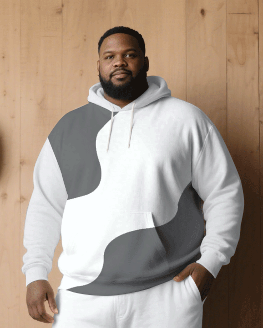 Big & Tall White Gray Patchwork Hoodie Sweatpants Set for big men view 2