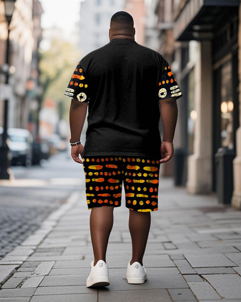 Big & Tall Black Orange Geometric T-Shirt Shorts Set for big men view 4