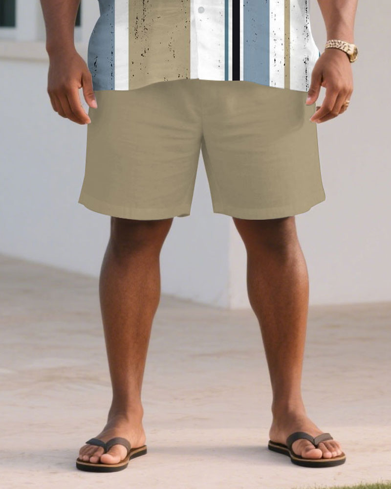 Big & Tall Khaki Blue Graphic T-Shirt Shorts Set for big men view 3
