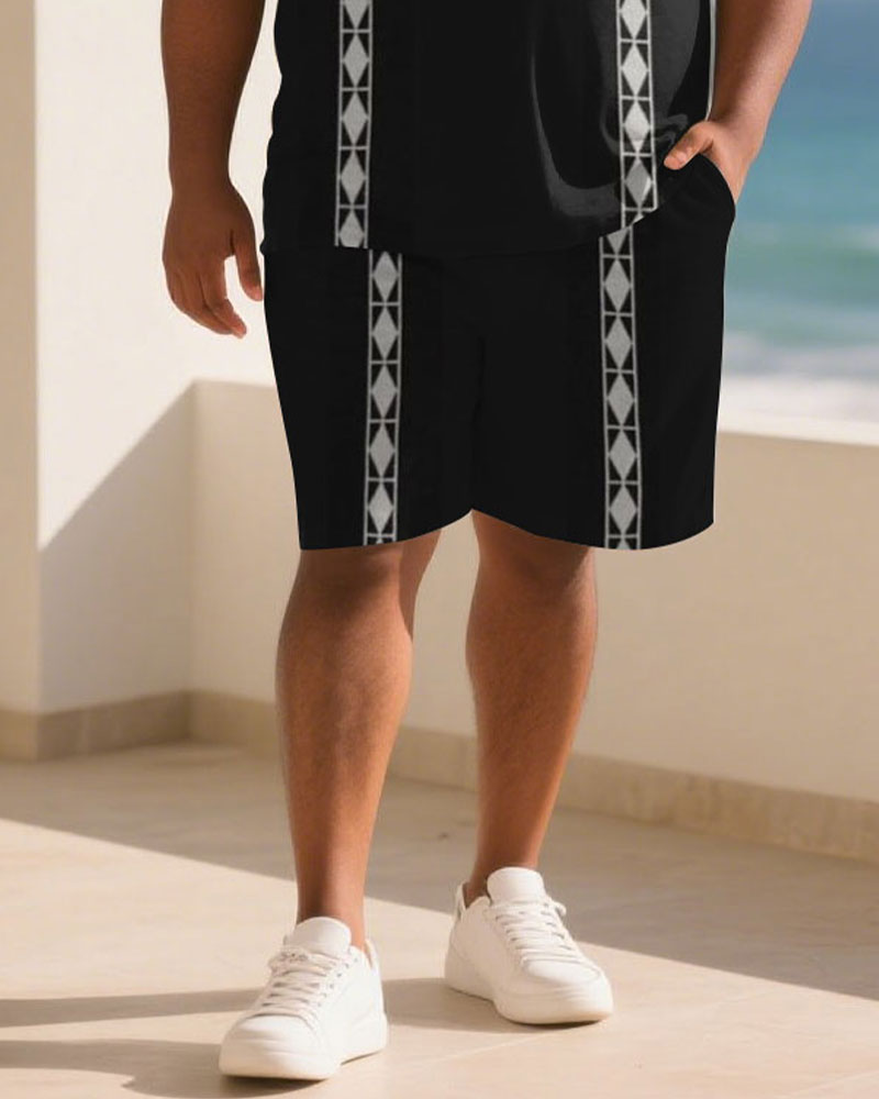 Big & Tall Black Geometric T-Shirt Shorts Set for big men view 3