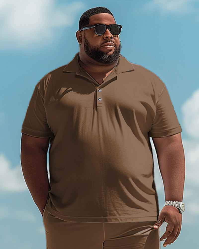 Big & Tall Brown Solid Color Polo Shorts Set for big men view 2