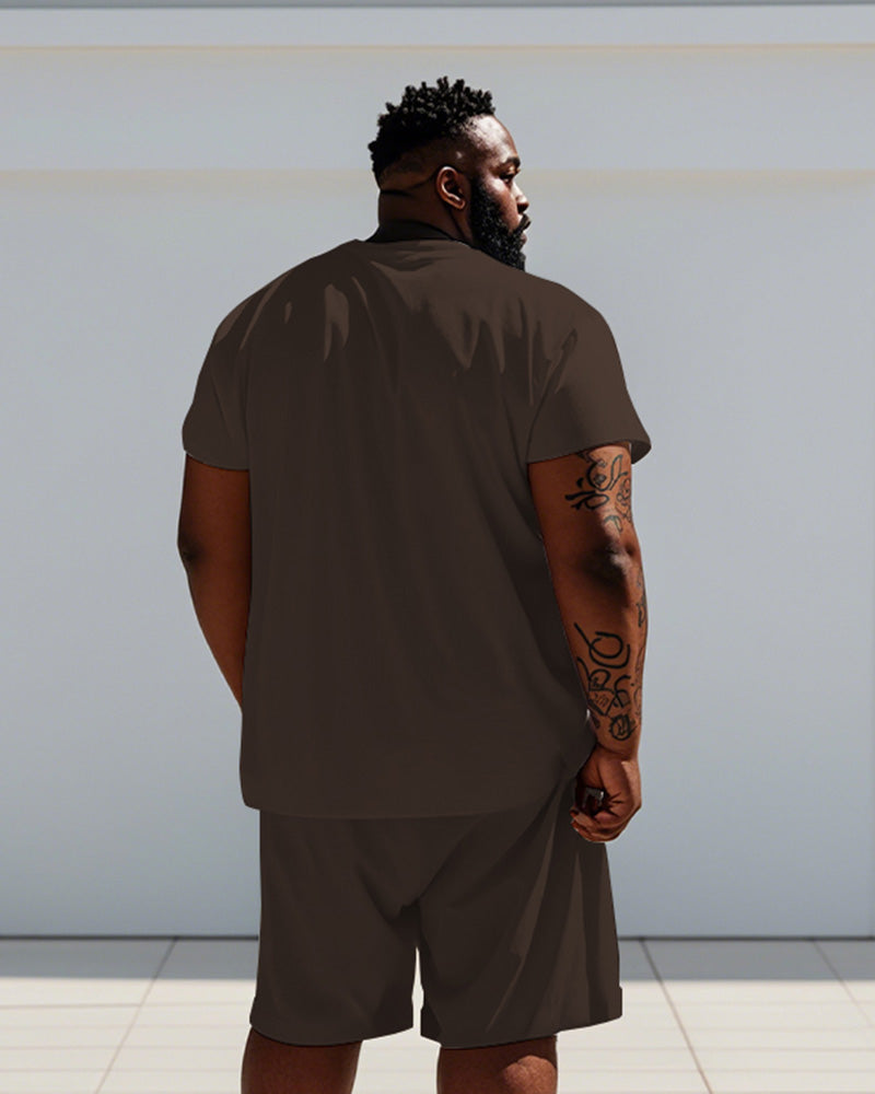 Big & Tall Brown Striped Graphic T-Shirt Shorts Set for big men view 4
