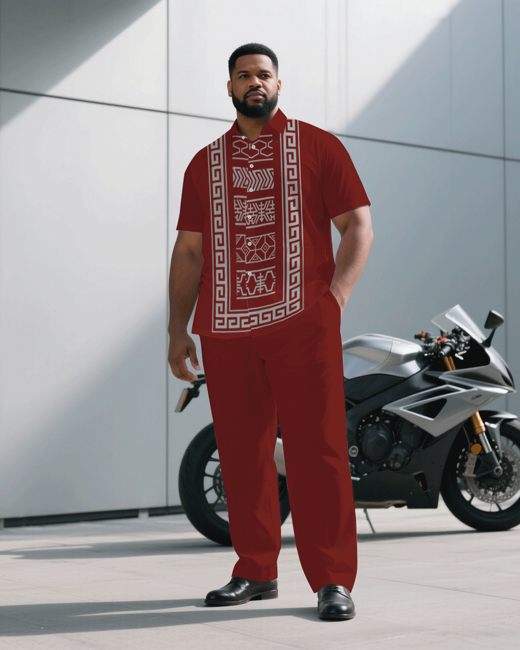 Big & Tall Red Gray Business Casual T-Shirt Pants Set for big men view 1