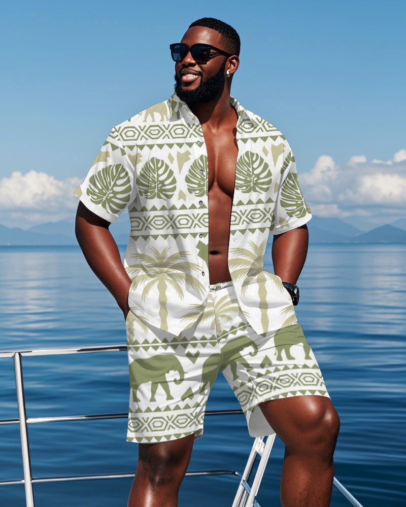Big & Tall Green Hawaiian Tropical T-Shirt Shorts Set for big men view 1