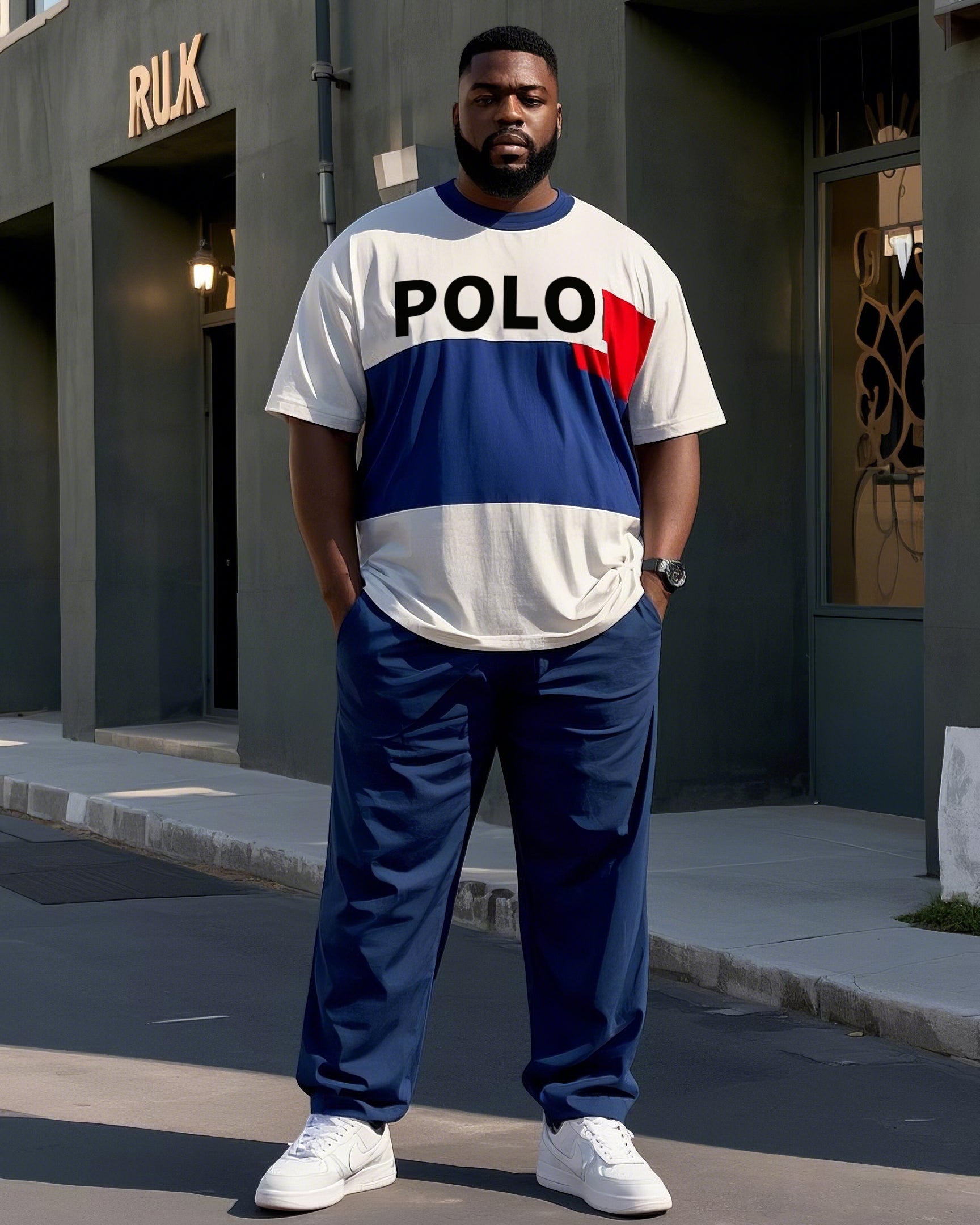 Big & Tall Blue Red Striped T-Shirt Pants Set for big men view 1