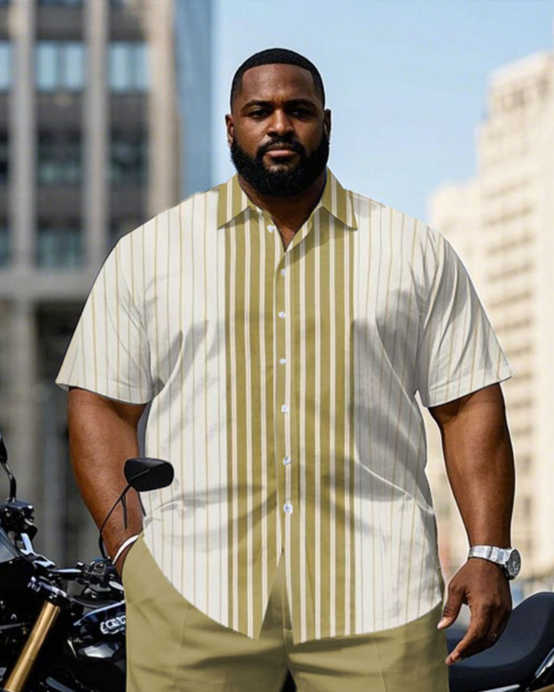 Big & Tall Yellow Striped Patchwork T-Shirt Pants Set for big men view 2