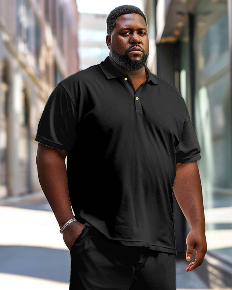 Big & Tall Black Solid Color Polo Pants Set for big men view 2