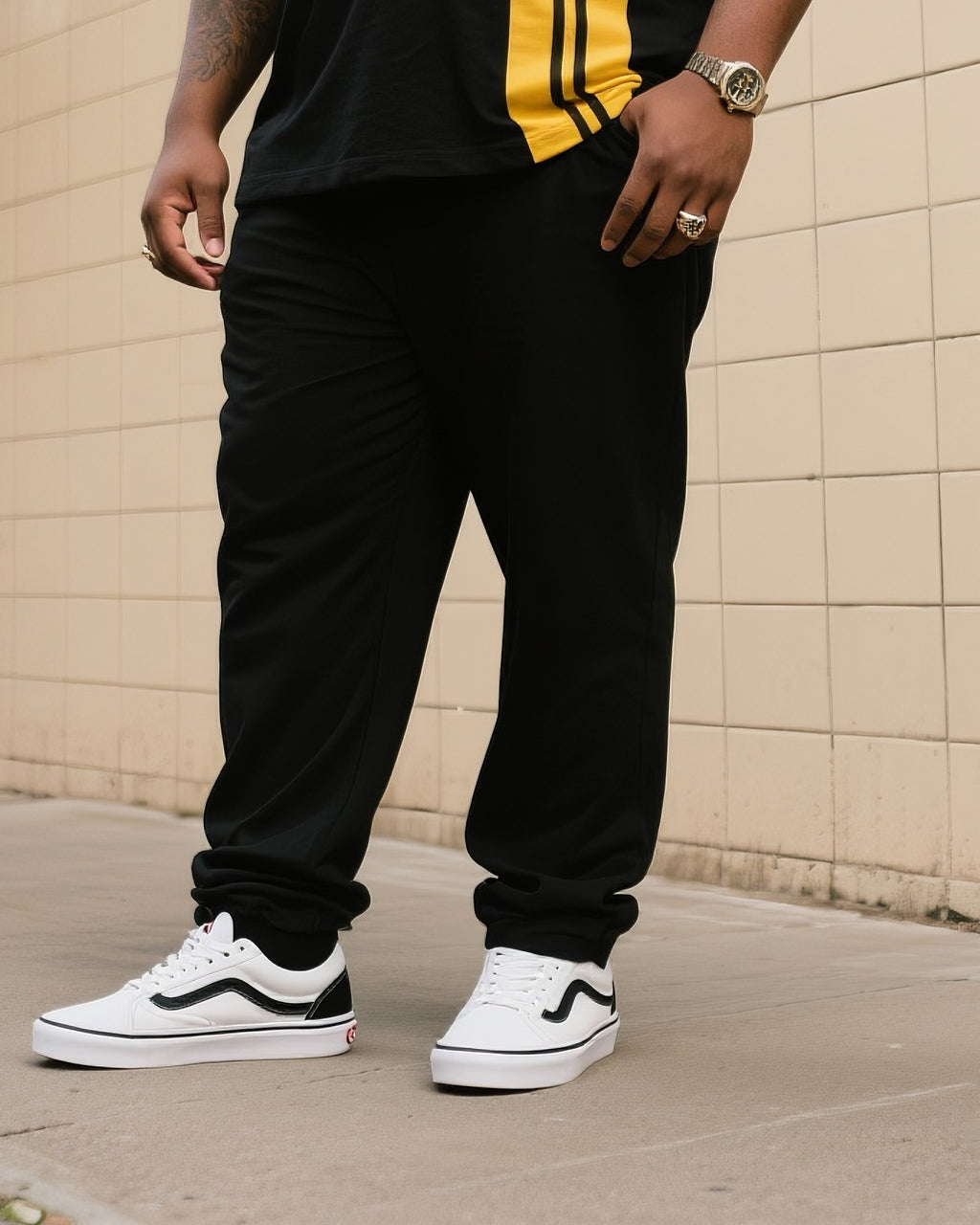 Big & Tall Black Striped T-Shirt Pants Set for big men view 3