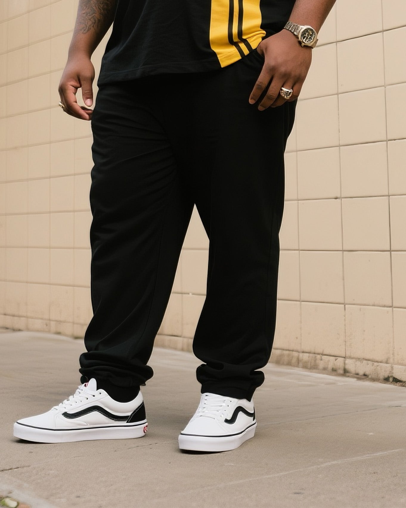 Big & Tall Black Striped T-Shirt Pants Set for big men view 3