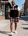 Big & Tall Black Red Colorblock Polo Shorts Set for big men view 2