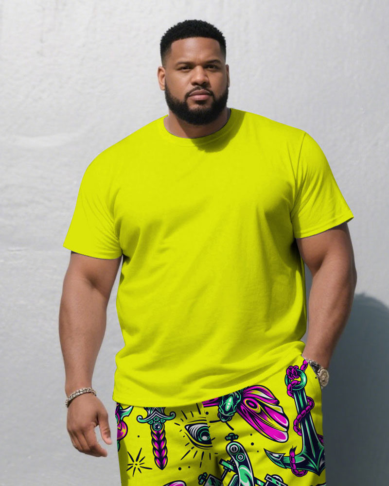Big & Tall Yellow Solid Color T-Shirt Pants Set for big men view 2