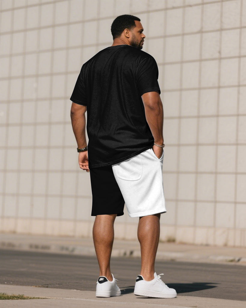 Big & Tall Black White Colorblock T-Shirt Shorts Set for big men view 4