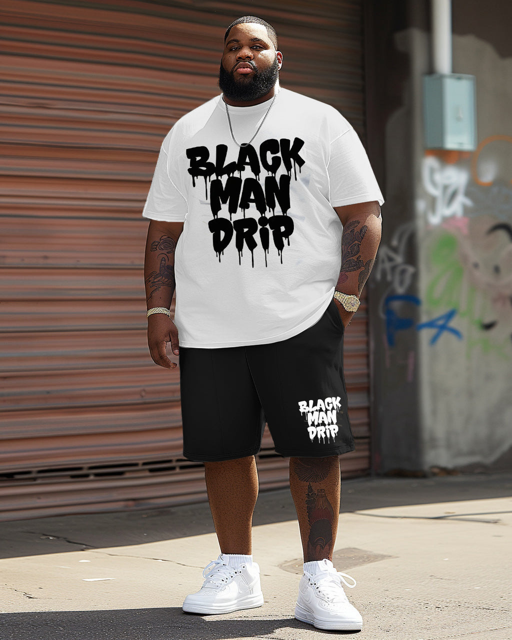 Big & Tall Black Graphic T-Shirt Shorts Set for big men view 1