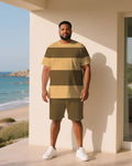 Big & Tall Khaki Striped T-Shirt Shorts Set for big men view 1