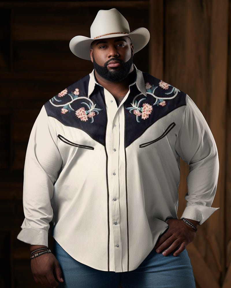 Big & Tall Western Denim Colorblock Long Sleeve Shirt for big men