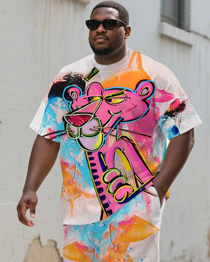Big & Tall Pink Geometric Graphic T-Shirt Shorts Set for big men view 2