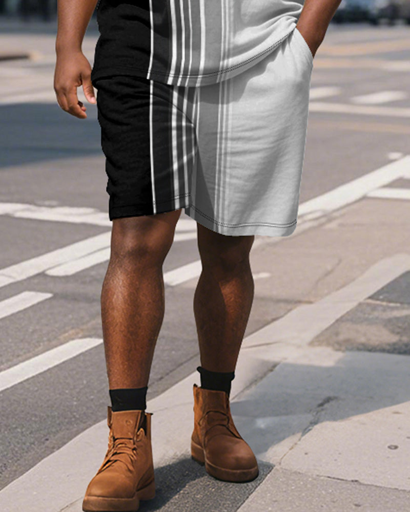 Big & Tall Black Gradient Striped Polo Shorts Set for big men view 4