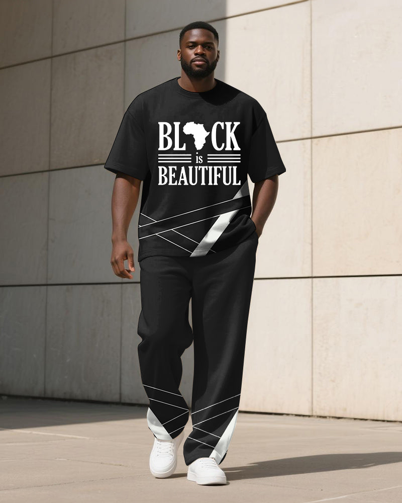 Big & Tall Black Geometric Striped T-Shirt Pants Set for big men view 2