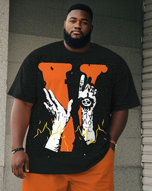 Big & Tall Orange Graphic Skull T-Shirt Shorts Set for big men view 2