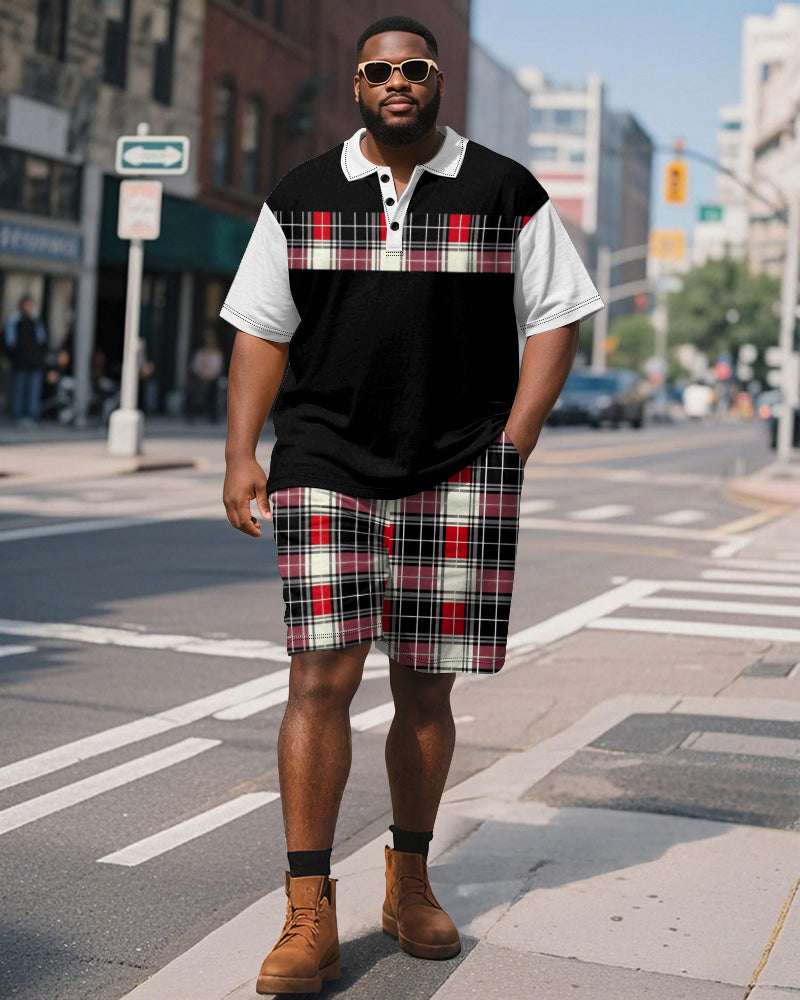 Big & Tall Black Red Colorblock Polo Shorts Set for big men view 1