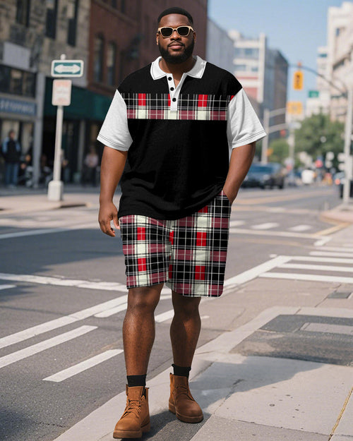 Big & Tall Black Red Colorblock Polo Shorts Set for big men view 1