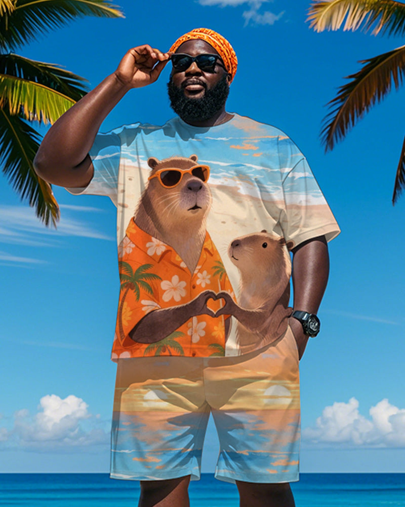Big & Tall Orange Hawaiian Graphic T-Shirt Shorts Set for big men view 1