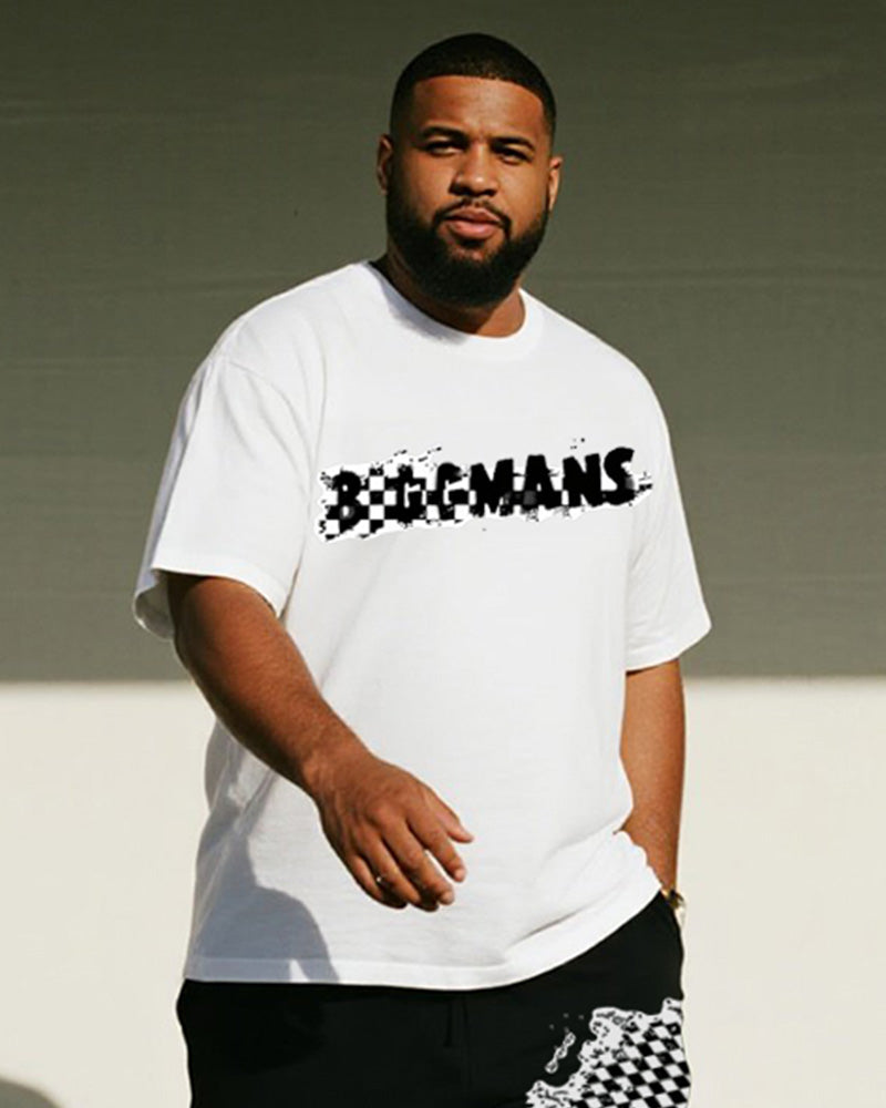 Big & Tall Black White Graphic T-Shirt Shorts Set for big men view 2