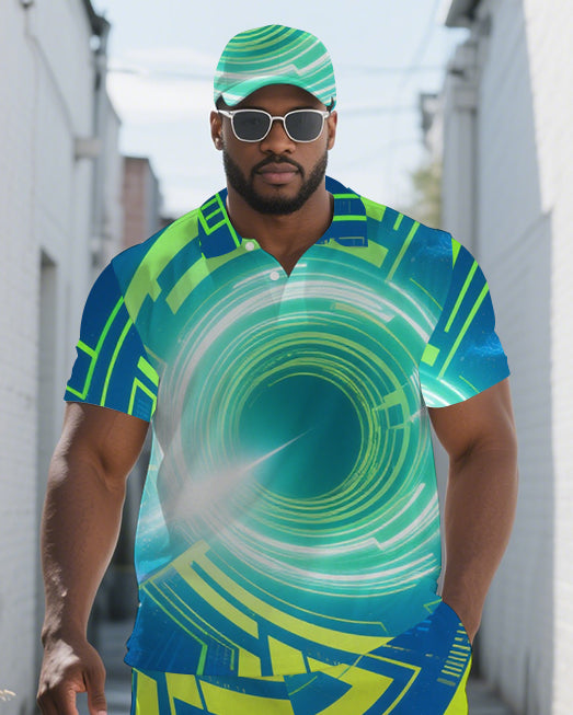 Big & Tall Black Geometric Polo Shorts Set for big men view 1