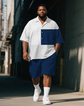 Big & Tall Blue Geometric Striped T-Shirt Shorts Set for big men view 1
