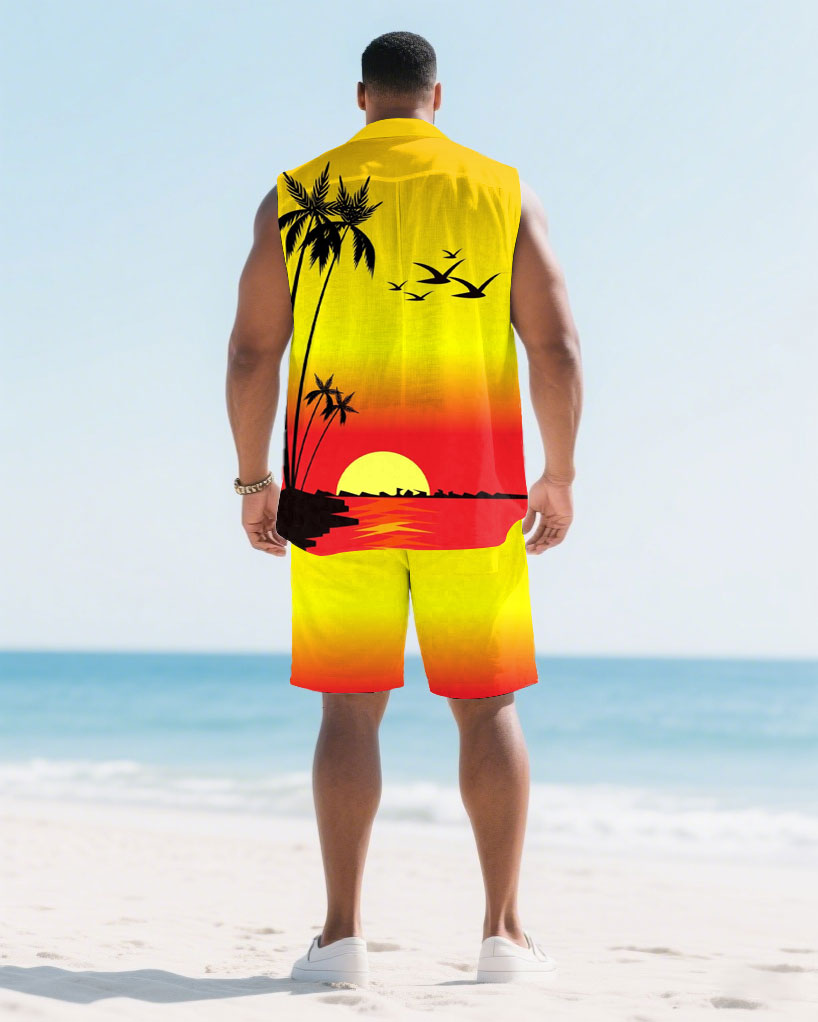 Big & Tall Yellow Hawaiian Graphic Shirt Shorts Set for big men view 4