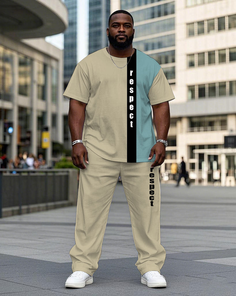 Big & Tall Khaki Blue Streetwear T-Shirt Pants Set for big men view 1