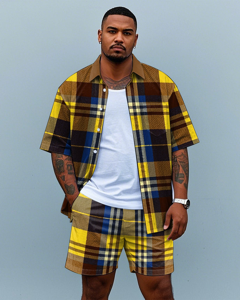 Big & Tall Yellow Plaid T-Shirt Shorts Set for big men view 1