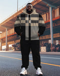 Big & Tall Khaki Plaid Striped Hoodie Sweatpants Set for big men view 1