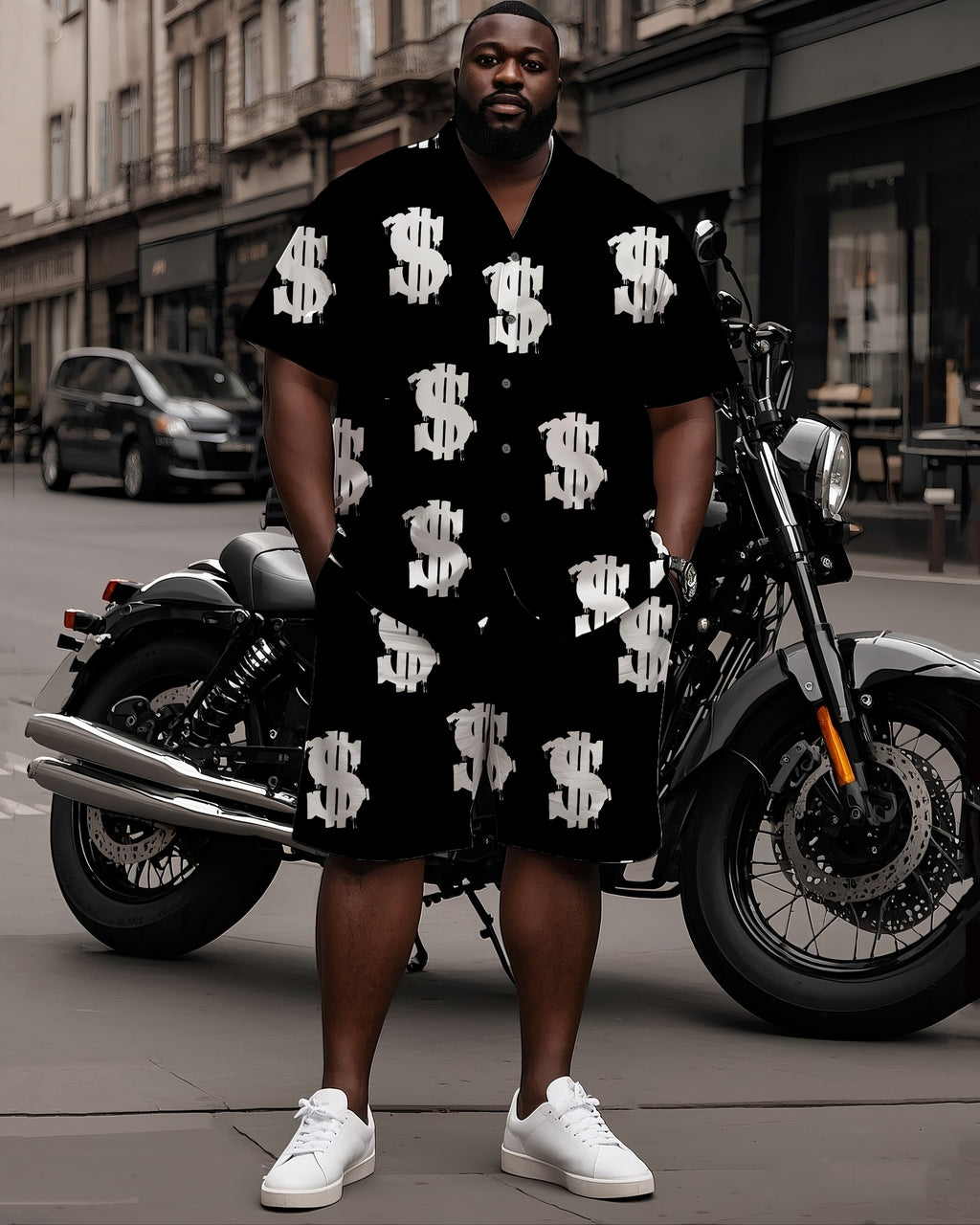 Big & Tall Black White Graphic T-Shirt Shorts Set for big men view 1