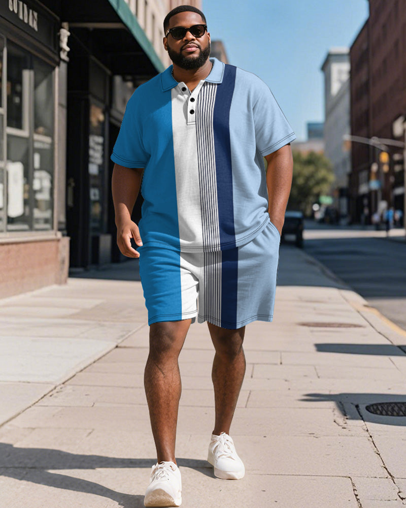 Big & Tall Blue Striped Graphic Polo Shorts Set for big men view 1