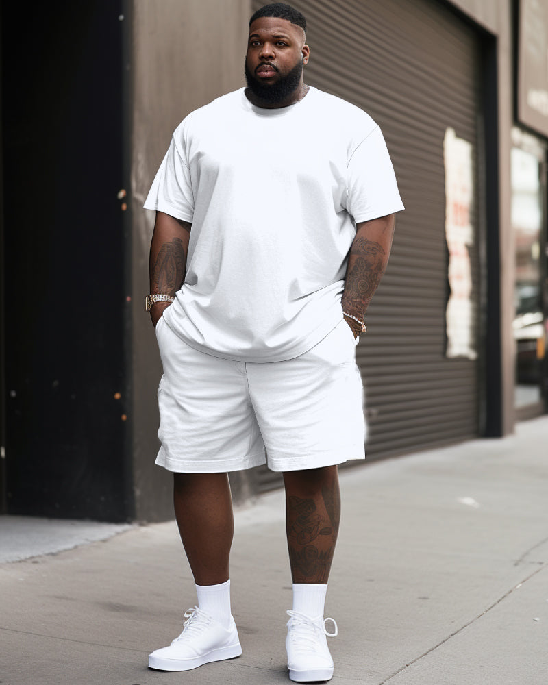 Big & Tall White Solid Color T-Shirt Shorts Set for big men view 1