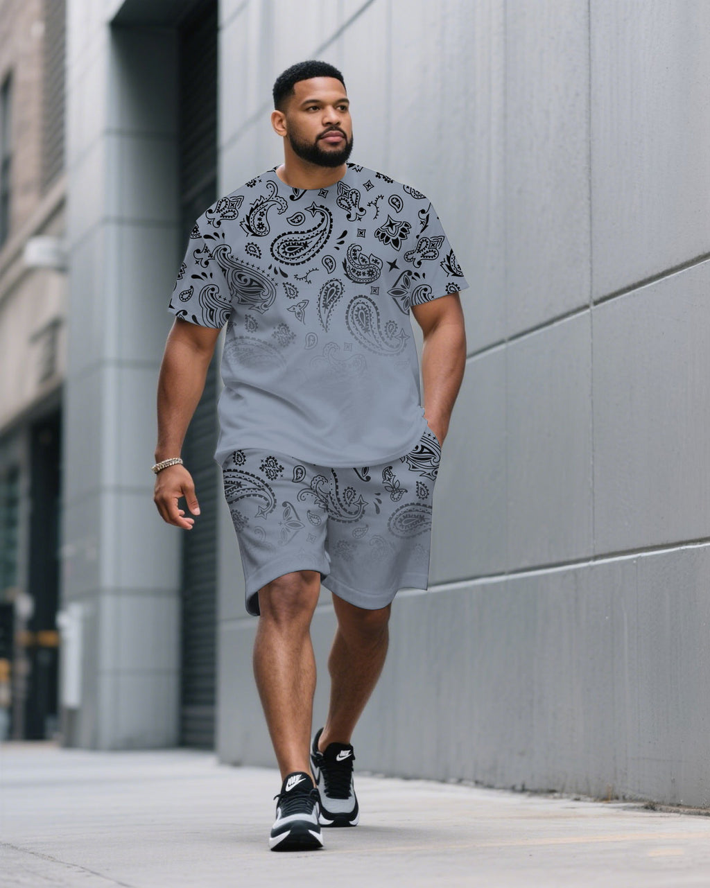 Big & Tall Blue Gray Gradient T-Shirt Shorts Set for big men view 1