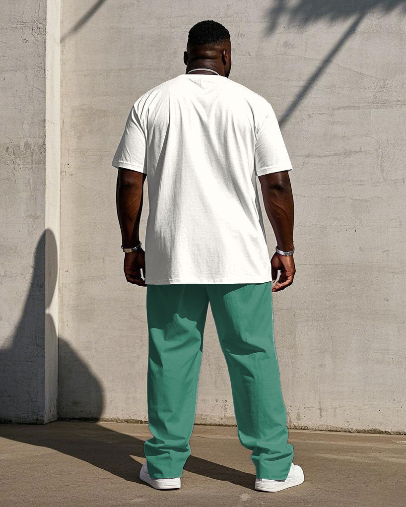 Big & Tall White Blue Colorblock T-Shirt Pants Set for big men view 4