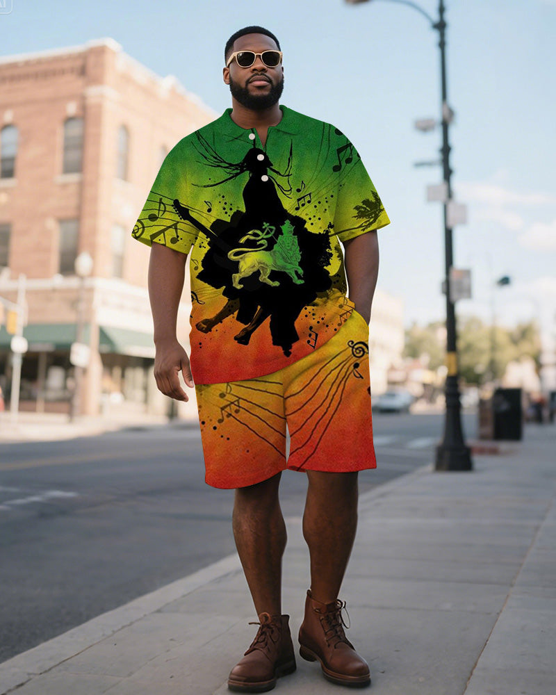 Big & Tall Red Green Colorblock Polo Shorts Set for big men view 2