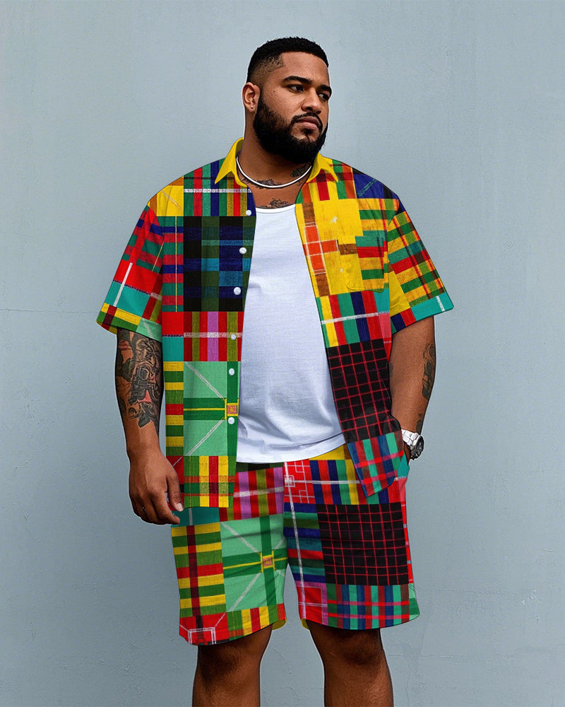 Big & Tall Colorblock Plaid T-Shirt Shorts Set for big men view 1
